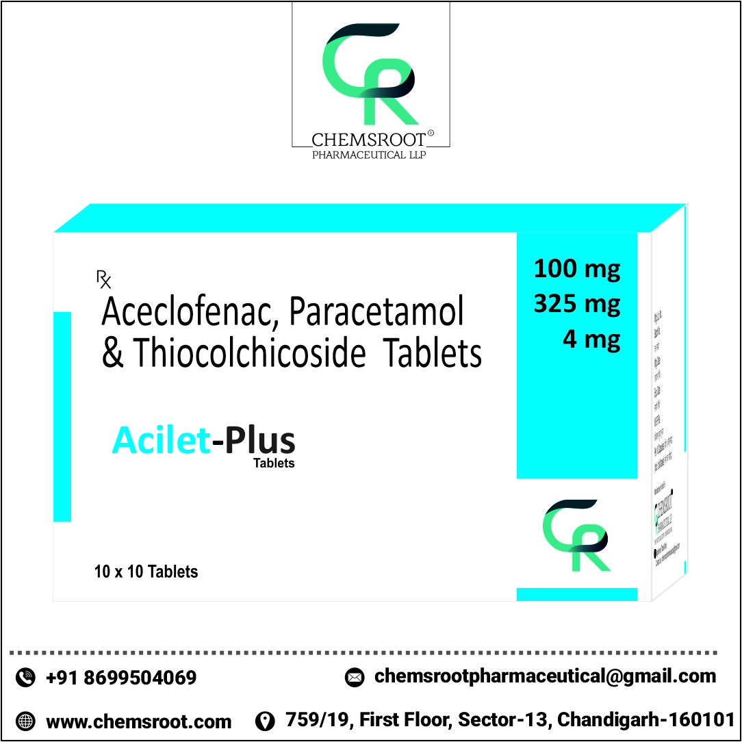 Aceclofenac 100mg + Paracetamol 325mg + Thiocolchicoside 4mg box of acilet-plus.